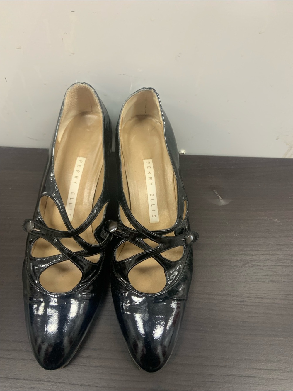 Perry Ellis Black Patent Leather Strappy Pumps